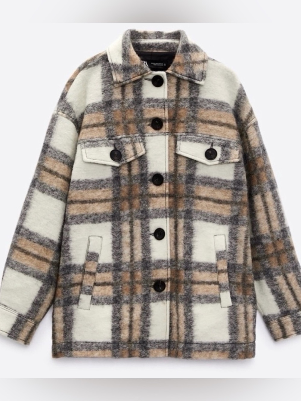 Zara Plaid Wool-Blend Shacket Coat in Cream Gray and Tan